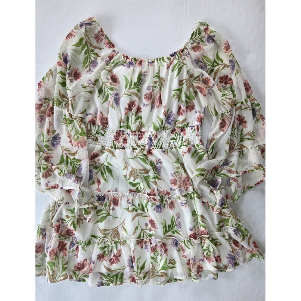 Mint of Blush Floral Smocked Mini Dress XL White Pink Purple Ruffle Tiered Boho - Picture 6 of 6